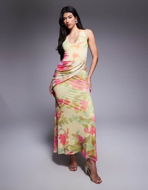 ASOS DESIGN - Vestito lungo in rete con scollo profondo, dettaglio avvolgente color latticello con stampa a fiori