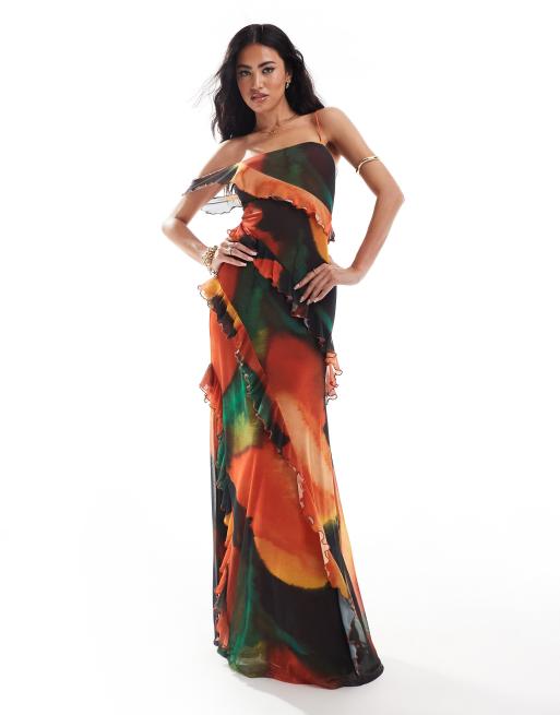 ASOS DESIGN - Vestito lungo in rete con spalle scoperte e volant a fiori oversize