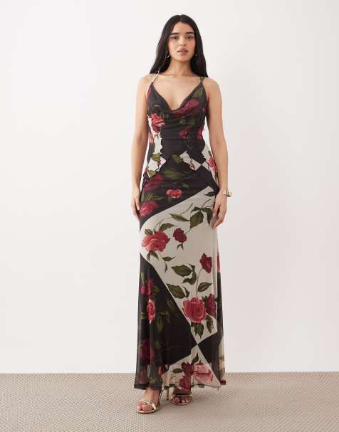 ASOS DESIGN - Vestito lungo in rete con stampa a fiori patchwork e scollo ad anello con cuciture a vista - view 1