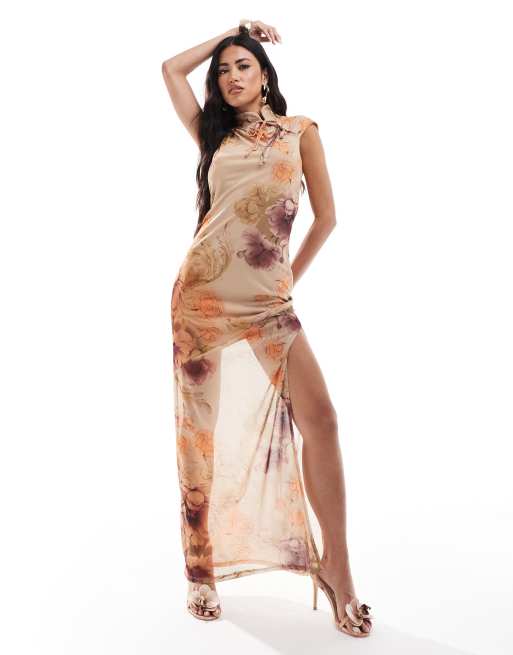 ASOS DESIGN - Vestito lungo in rete con stampa a fiori vintage, maniche ad aletta e dettaglio allacciato sul collo