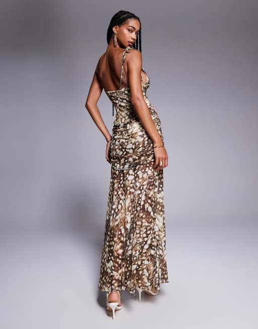 ASOS DESIGN - Vestito lungo in rete con stampa animalier, scollo ad anello e spalline allacciate, 3 di 4