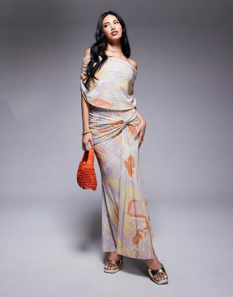 ASOS DESIGN - Vestito lungo in rete con stampa astratta, dettaglio drappeggiato e corpino super arricciato - view 1