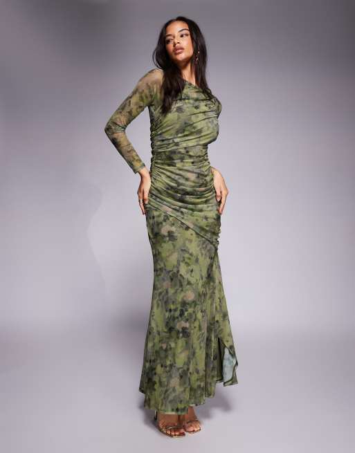 ASOS DESIGN - Vestito lungo in rete con stampa floreale astratta, maniche lunghe e dettagli arricciati asimmetrici