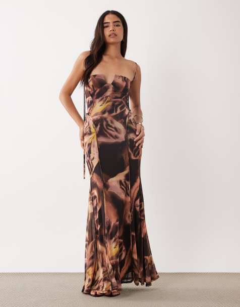 ASOS DESIGN - Vestito lungo in rete con stampa floreale viola, cuciture a vista e coppe sagomate - view 1