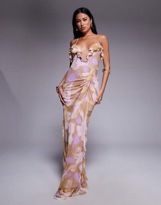 ASOS DESIGN - Vestito lungo in rete con volant, dettaglio arricciato e stampa sfocata a fiori