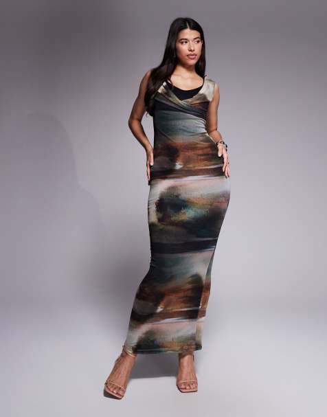 ASOS DESIGN - Vestito lungo in rete effetto scuba con stampa sfocata e reggiseno - view 1