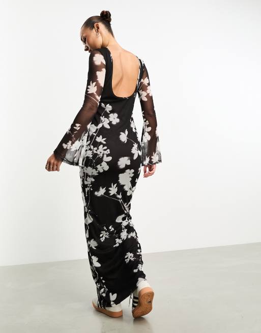 ASOS DESIGN - Vestito lungo in rete marrone a fiori con schiena scoperta e maniche a pipistrello