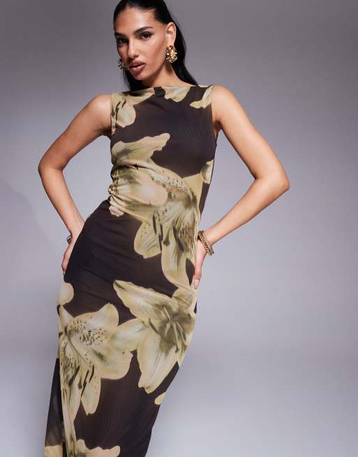 ASOS DESIGN - Vestito lungo in rete marrone con stampa a fiori oversize e scollo a barchetta, 2 di 4