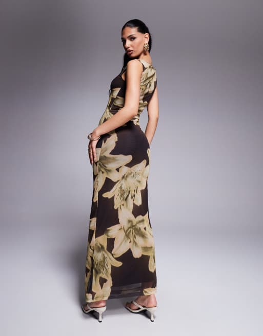 ASOS DESIGN - Vestito lungo in rete marrone con stampa a fiori oversize e scollo a barchetta, 4 di 4