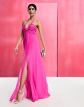 ASOS DESIGN - Vestito lungo in rete rosa acceso allacciato al collo