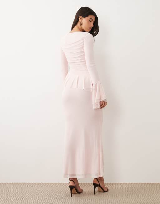 ASOS DESIGN - Vestito lungo in rete rosa con arricciature e volant, 4 di 4