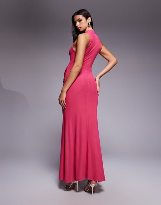 ASOS DESIGN - Vestito lungo in rete rosa con scollo profondo e dettaglio avvolgente, 4 di 4