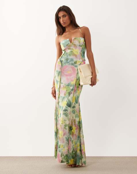 ASOS DESIGN - Vestito lungo in rete verde a fiori con cuciture a vista e coppe sagomate - view 1