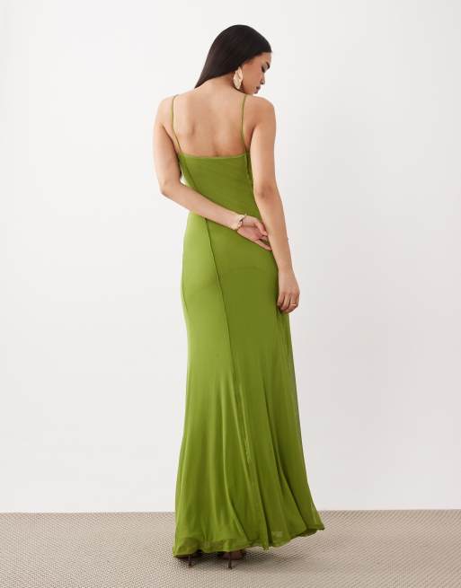 ASOS DESIGN - Vestito lungo in rete verde con cuciture a vista a canottiera, 4 di 4