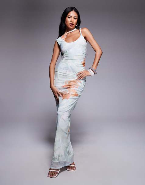 ASOS DESIGN - Vestito lungo in tessuto a rete con stampa a fiori e collo attorcigliato - view 1