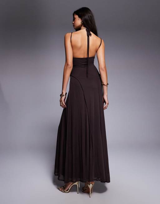 ASOS DESIGN - Vestito lungo in tessuto a rete marrone con cuciture a vista, 2 di 4