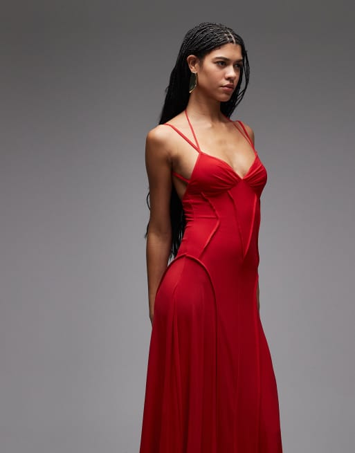 ASOS DESIGN - Vestito lungo in tessuto a rete rosso con cuciture a vista, 2 di 4