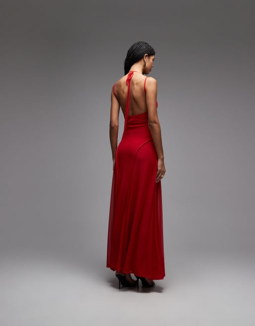 ASOS DESIGN - Vestito lungo in tessuto a rete rosso con cuciture a vista, 4 di 4