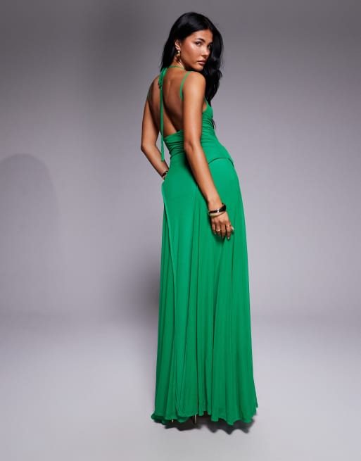 ASOS DESIGN - Vestito lungo in tessuto a rete verde con cuciture a vista, 3 di 4