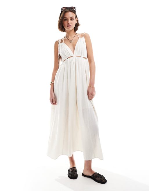 ASOS DESIGN - Vestito lungo in tessuto doppio color crema con spalline attorcigliate e cut-out