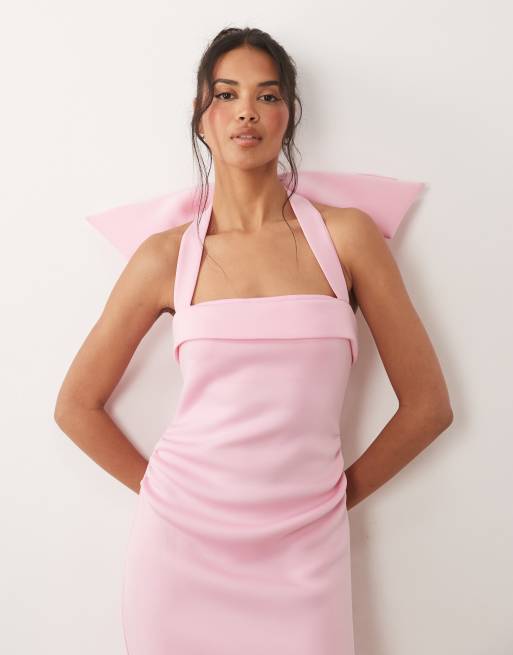ASOS DESIGN - Vestito lungo in tessuto stile scuba rosa con scollo squadrato e fiocco sul retro, 3 di 4