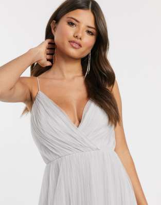 Vestito lungo in tulle a pieghe argento con spalline sottili - ASOS DESIGN  donna Argento - immagine3