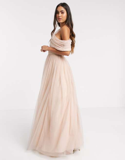 ASOS DESIGN Vestito lungo in tulle con spalle scivolate color oro