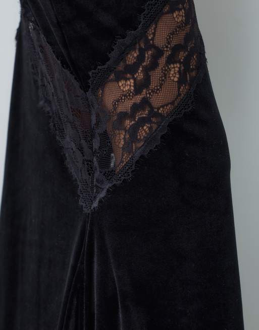 ASOS DESIGN vestito lungo in velluto con collo alto e inserto in pizzo nero, 4 di 5