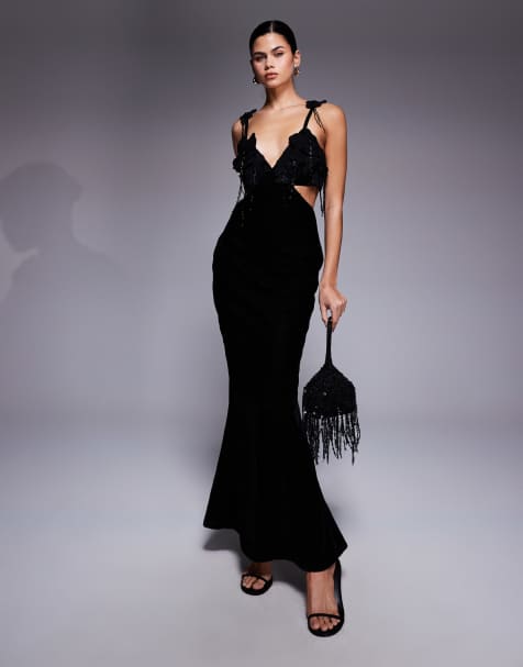 ASOS DESIGN - Vestito lungo in velluto nero con cut-out e bustino ricamato - view 1