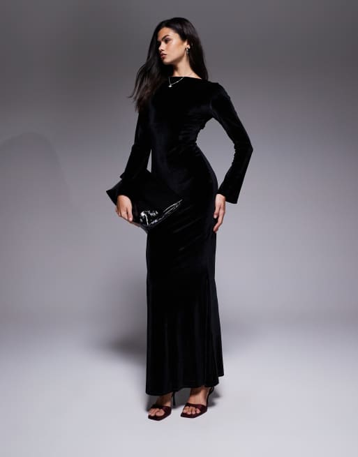 ASOS DESIGN - Vestito lungo in velluto nero con incrocio sul retro e finitura decorata, 2 di 4