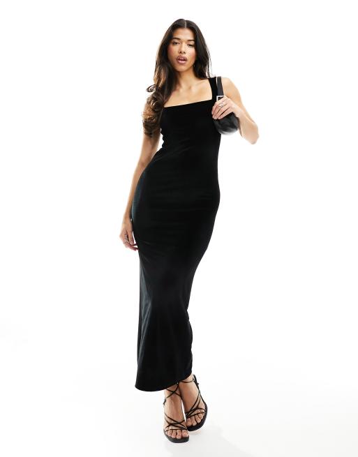 ASOS DESIGN - Vestito lungo in velluto nero con scollo squadrato