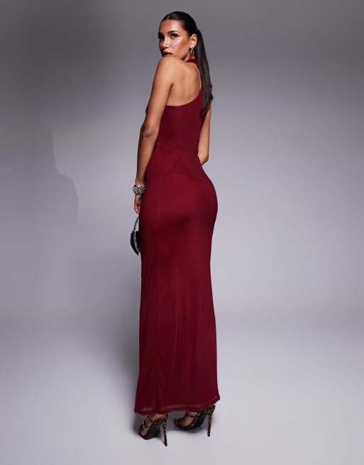 ASOS DESIGN - Vestito lungo incrociato sul davanti allacciato al collo bordeaux, 3 di 4