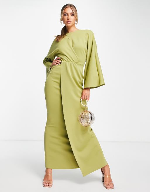 ASOS DESIGN - Vestito lungo incrociato sul davanti verde oliva con maniche svasate, 3 di 4