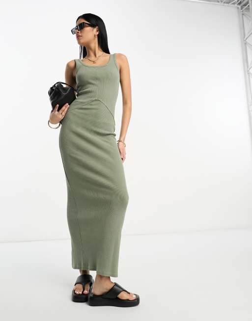 ASOS DESIGN - Vestito lungo kaki a coste con cuciture a vista e scollo rotondo
