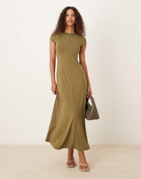 ASOS DESIGN - Vestito lungo kaki con maniche ad aletta e cuciture a vista - view 1