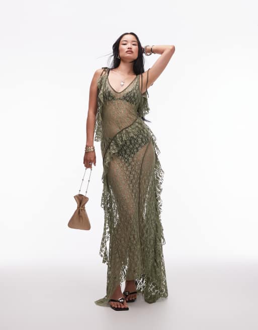 ASOS DESIGN - Vestito lungo kaki in pizzo trasparente asimmetrico con dettagli sfrangiati e cuciture a vista