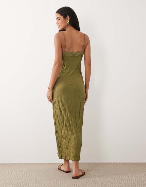ASOS DESIGN - Vestito lungo kaki stropicciato con finiture in pizzo, 3 di 4