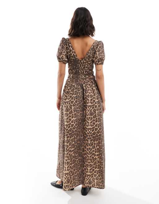 ASOS DESIGN - Vestito lungo leopardato con corpino arricciato e maniche a sbuffo, 2 di 4