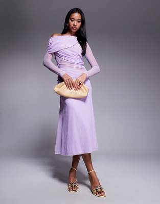 ASOS DESIGN - Vestito lungo lilla a maniche lunghe extra largo in rete mista con scollo alla Bardot - view 1