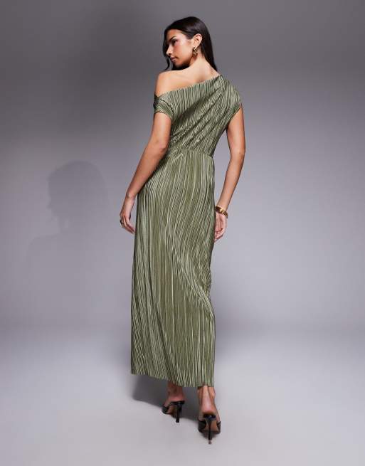 ASOS DESIGN - Vestito lungo longuette plissé con spalle scivolate e incrocio in vita kaki tenue, 2 di 4