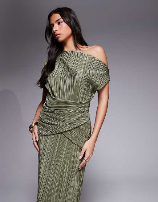 ASOS DESIGN - Vestito lungo longuette plissé con spalle scivolate e incrocio in vita kaki tenue, 3 di 4
