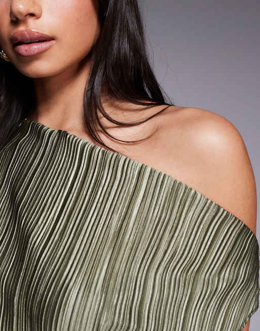 ASOS DESIGN - Vestito lungo longuette plissé con spalle scivolate e incrocio in vita kaki tenue, 4 di 4