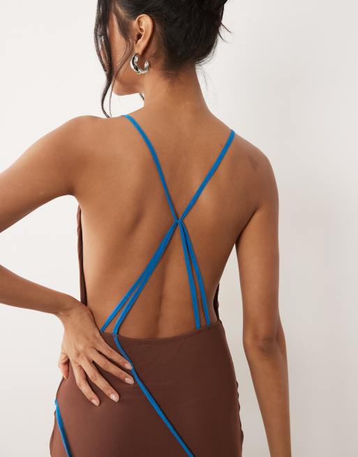 ASOS DESIGN - Vestito lungo marrone allacciato al collo con punte a contrasto, 4 di 4
