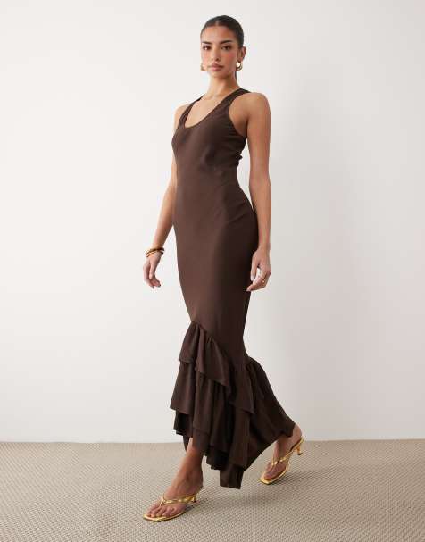 ASOS DESIGN - Vestito lungo marrone cioccolato con fondo con volant - view 1