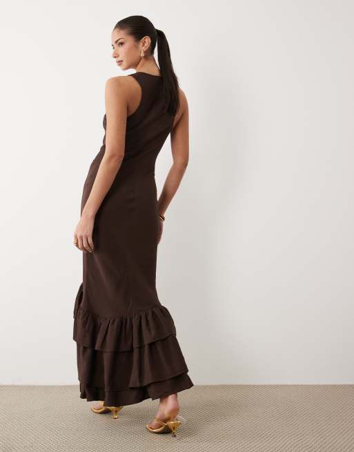 ASOS DESIGN - Vestito lungo marrone cioccolato con fondo con volant, 4 di 4