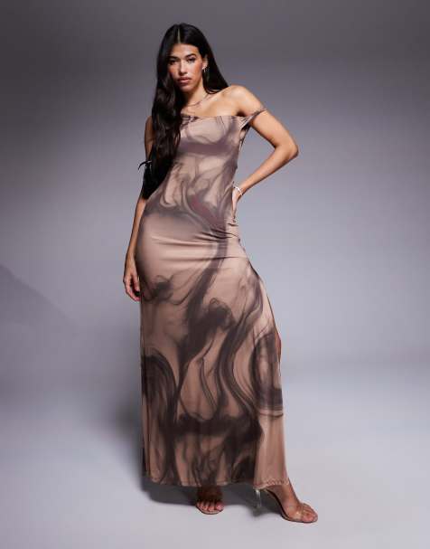 ASOS DESIGN - Vestito lungo marrone con stampa astratta e lacci sul retro - view 1