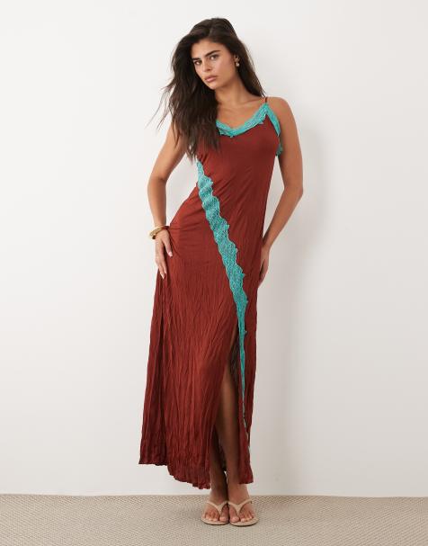 ASOS DESIGN - Vestito lungo marrone e blu stropicciato con finiture in pizzo a contrasto - view 1