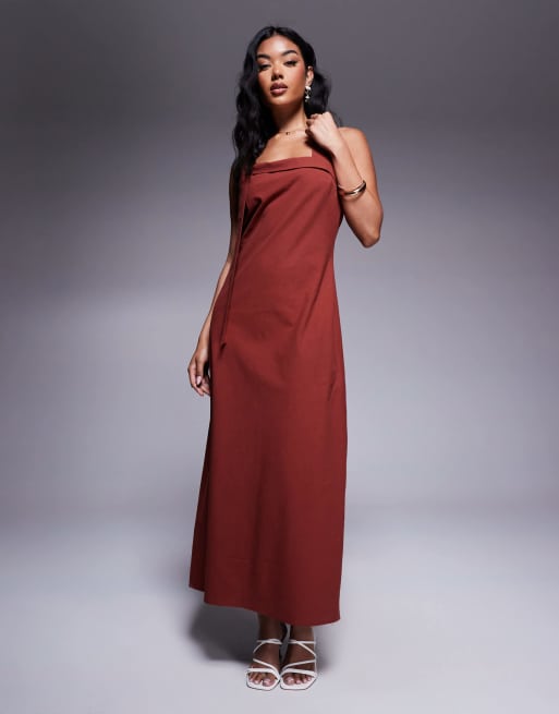 ASOS DESIGN - Vestito lungo marrone tostato allacciato al collo con dettaglio annodato