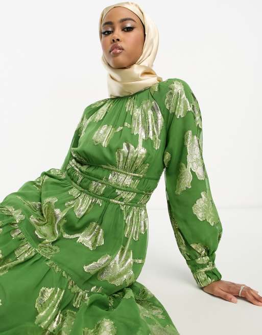 ASOS DESIGN - Vestito lungo metallizzato con maniche a sbuffo verde a fiori color oro