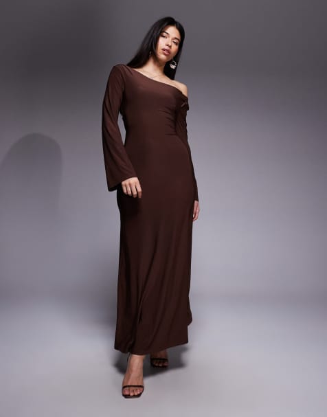 ASOS DESIGN - Vestito lungo modellante color cioccolato con spalle scese - view 1